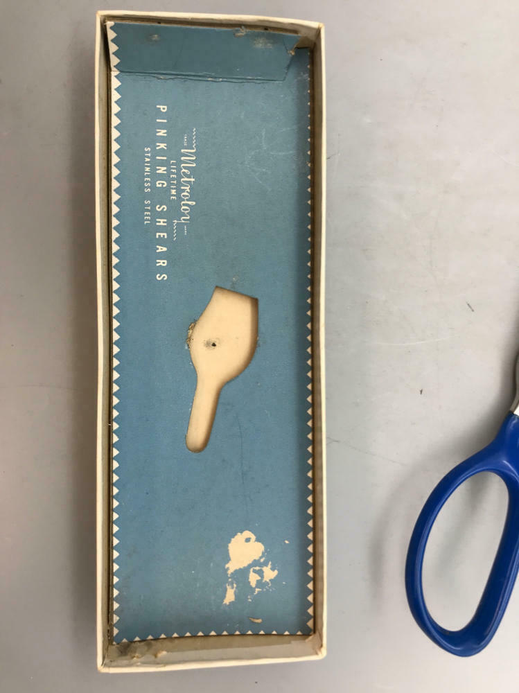 Vintage Metroloy Blue Handle Stainless Steel Pinking Shears - In Original Box - Good