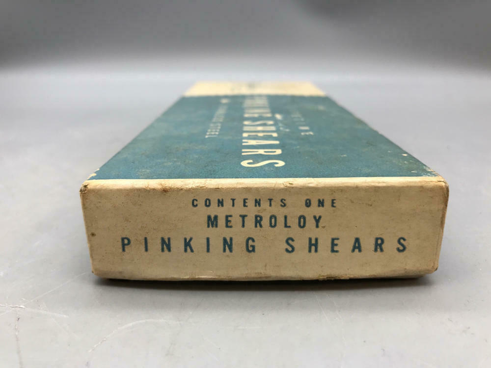 Vintage Metroloy Blue Handle Stainless Steel Pinking Shears - In Original Box - Good