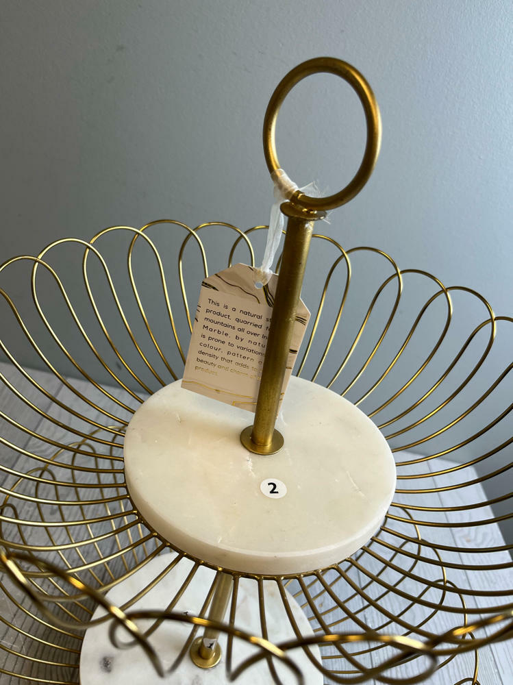 Two-Tiered Gold-Colored Metal Fruit Basket White Marble-Like Bases Made in India - Good