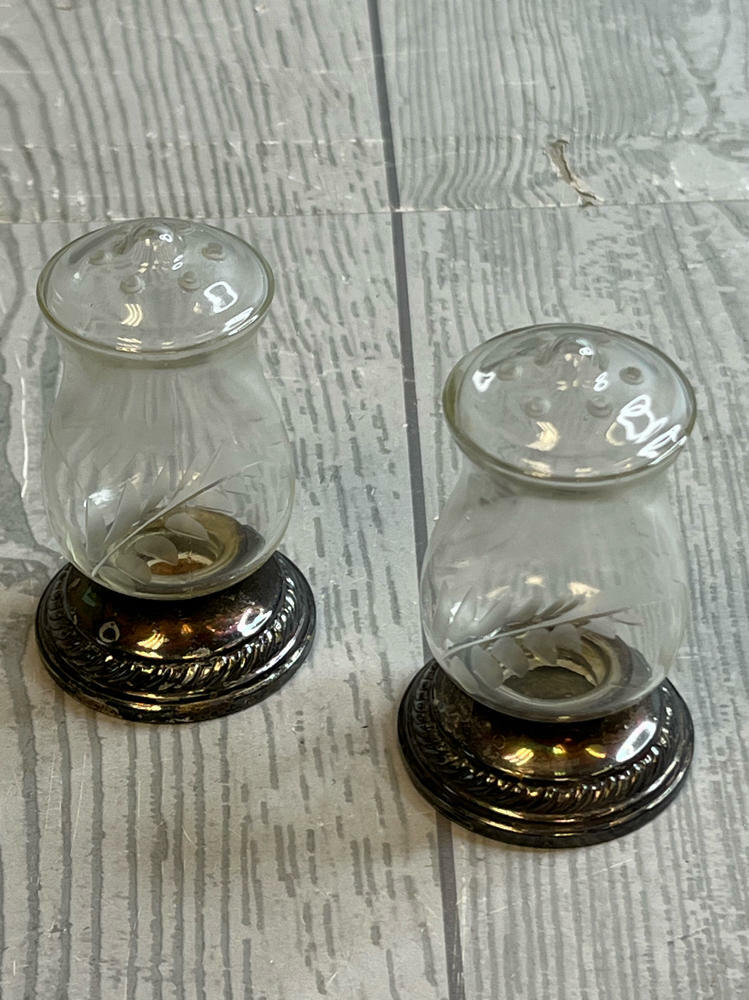Quaker "Hurricane" Salt & Pepper Shakers #703 Pattern Etched Glass Sterling Tops - Good