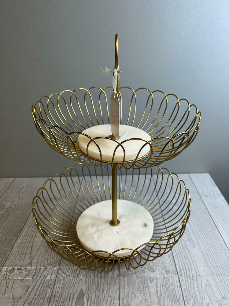 Two-Tiered Gold-Colored Metal Fruit Basket White Marble-Like Bases Made in India - Good