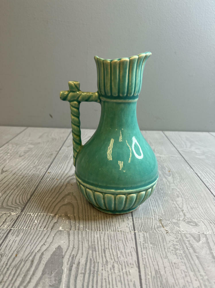 Antique McCoy Potter Pitcher in Turquoise Color Rope Design Handle Aqua Teal - Good