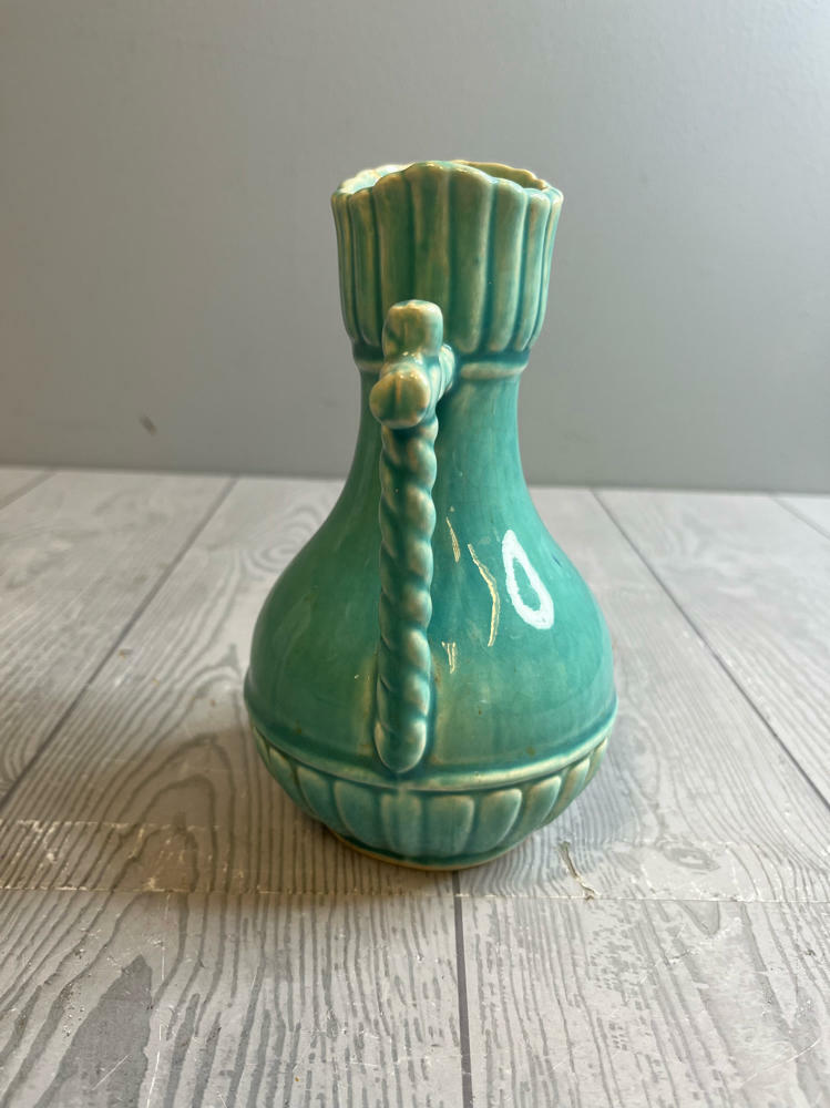 Antique McCoy Potter Pitcher in Turquoise Color Rope Design Handle Aqua Teal - Good