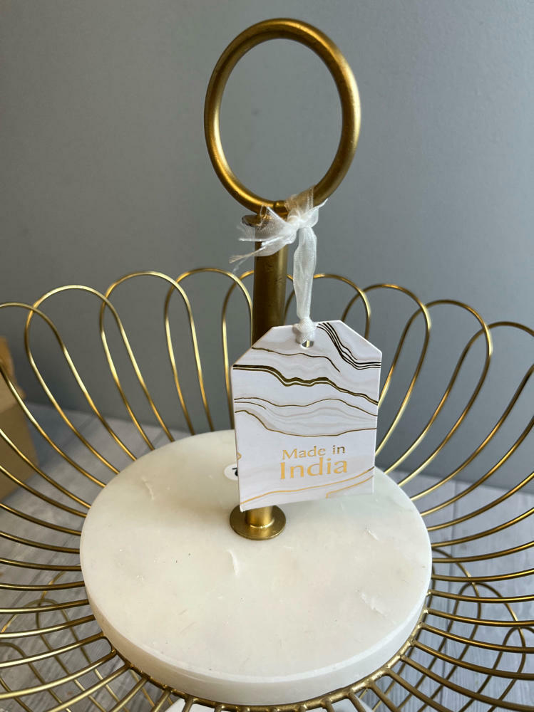 Two-Tiered Gold-Colored Metal Fruit Basket White Marble-Like Bases Made in India - Good