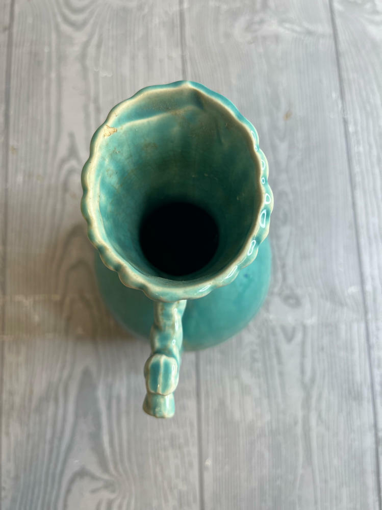 Antique McCoy Potter Pitcher in Turquoise Color Rope Design Handle Aqua Teal - Good