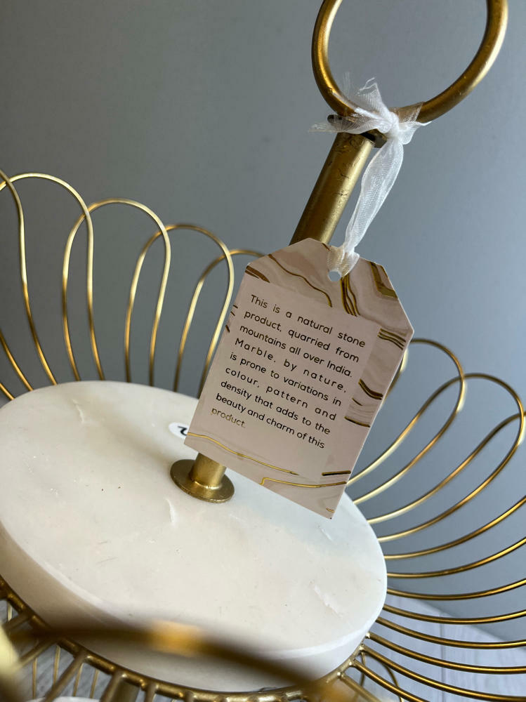 Two-Tiered Gold-Colored Metal Fruit Basket White Marble-Like Bases Made in India - Good