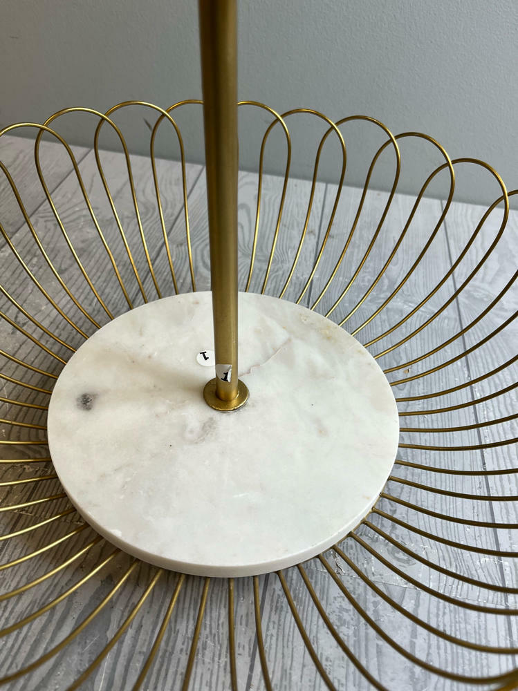 Two-Tiered Gold-Colored Metal Fruit Basket White Marble-Like Bases Made in India - Good