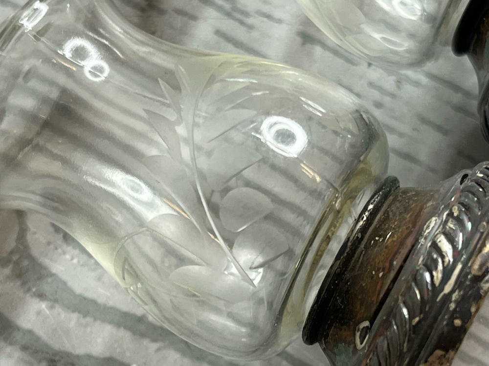 Quaker "Hurricane" Salt & Pepper Shakers #703 Pattern Etched Glass Sterling Tops - Good