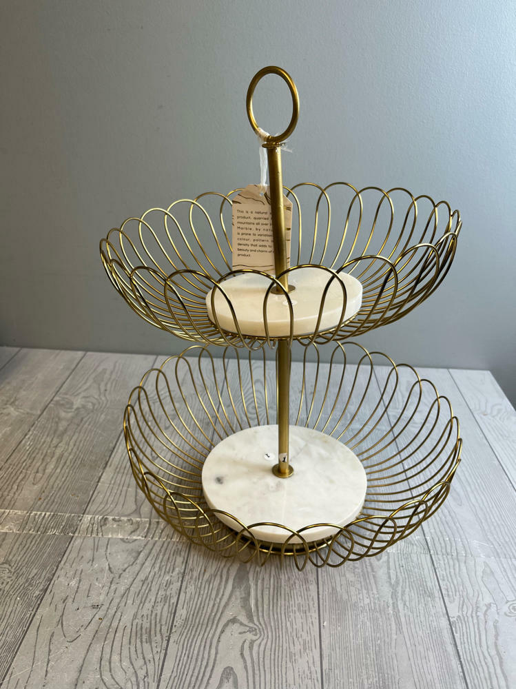Two-Tiered Gold-Colored Metal Fruit Basket White Marble-Like Bases Made in India - Good
