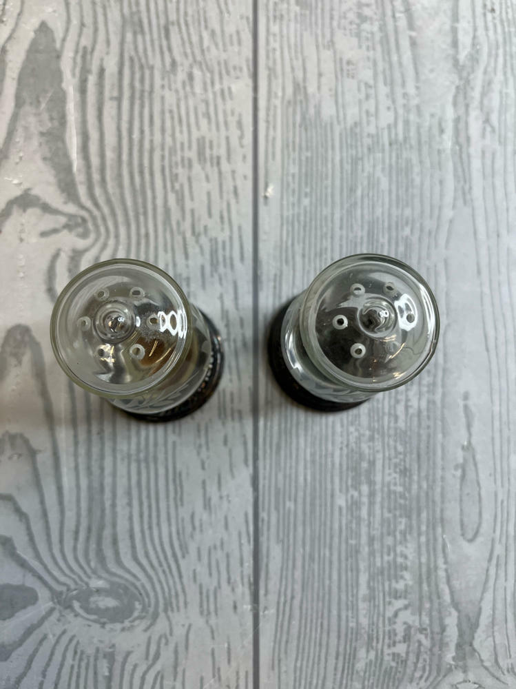 Quaker "Hurricane" Salt & Pepper Shakers #703 Pattern Etched Glass Sterling Tops - Good