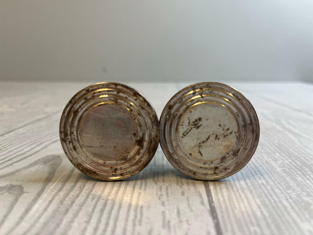 Quaker "Hurricane" Salt & Pepper Shakers #703 Pattern Etched Glass Sterling Tops - Good