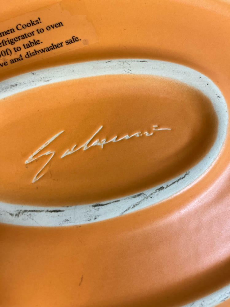 RARE!!! Julie Sanders Orange Cyclamen Pottery Huge Oval Serving Bowl Abstract - Good
