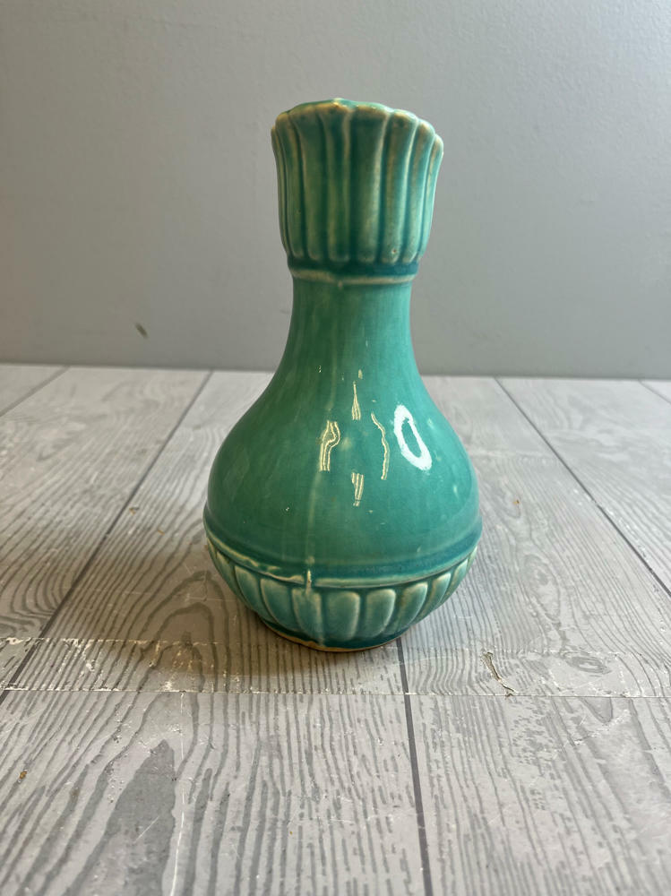 Antique McCoy Potter Pitcher in Turquoise Color Rope Design Handle Aqua Teal - Good