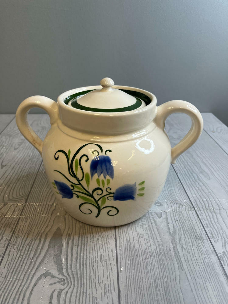 Vintage Stangl Pottery Blue Tulip Lidded Bean Pot Cookie Jar Hand Painted Design - Good