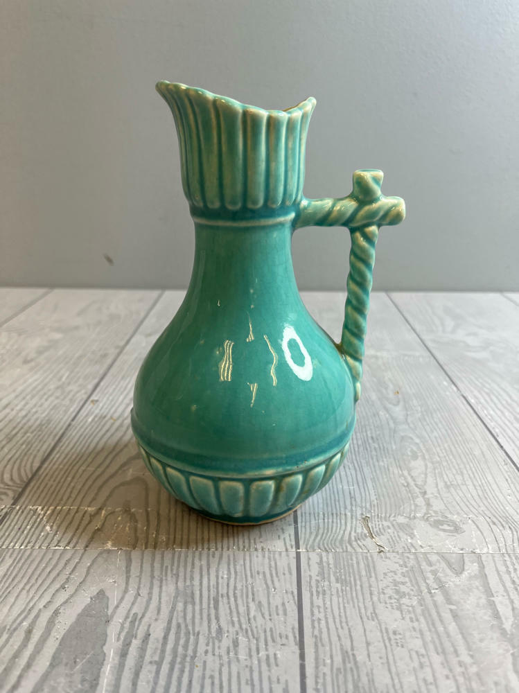 Antique McCoy Potter Pitcher in Turquoise Color Rope Design Handle Aqua Teal - Good