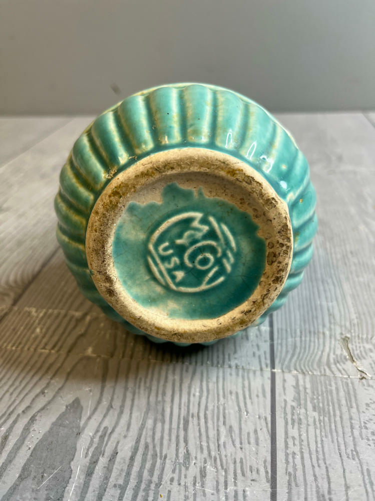 Antique McCoy Potter Pitcher in Turquoise Color Rope Design Handle Aqua Teal - Good