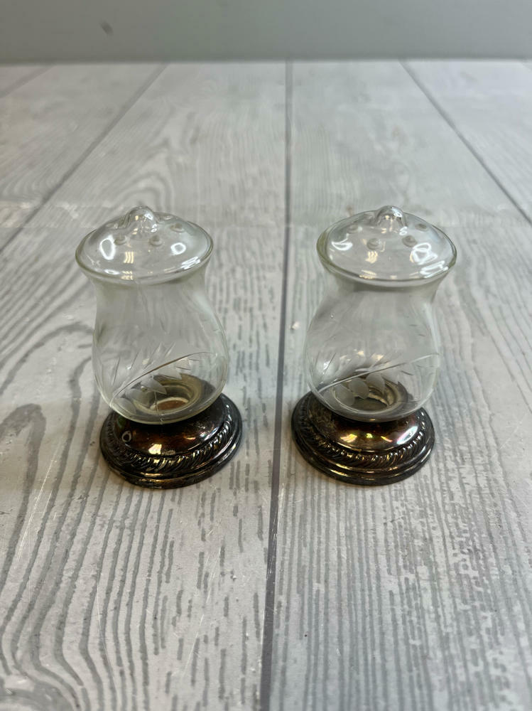 Quaker "Hurricane" Salt & Pepper Shakers #703 Pattern Etched Glass Sterling Tops - Good