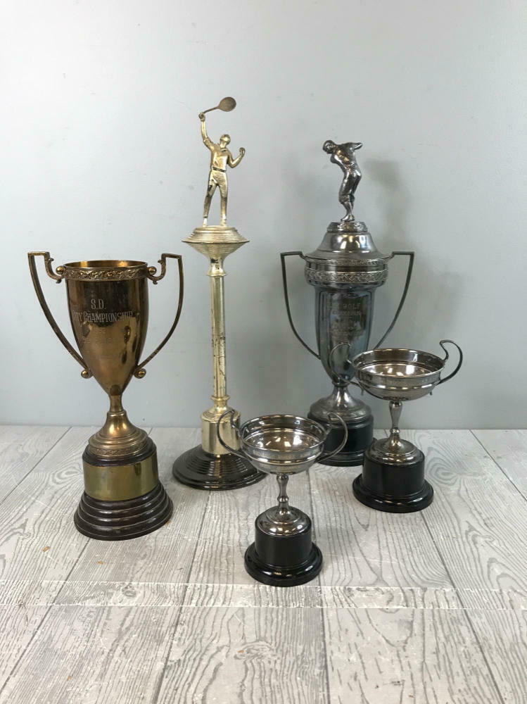 Collection of 5 Vintage Sports Trophies - Tennis, Golf, Horse Racing Trophies - Good