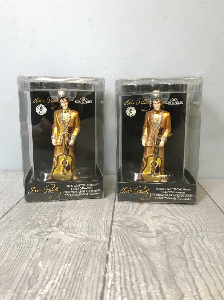 2 Sets of Collectible Elvis Christmas Ornaments - Gold Elvis with Guitar In Box