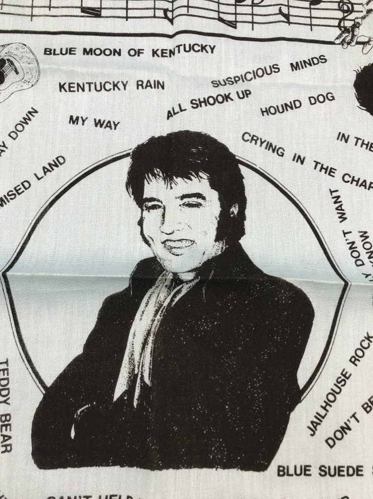 Vintage Elvis Presley Blue Memorial Bandanna / Handkerchief - Black and White - Good