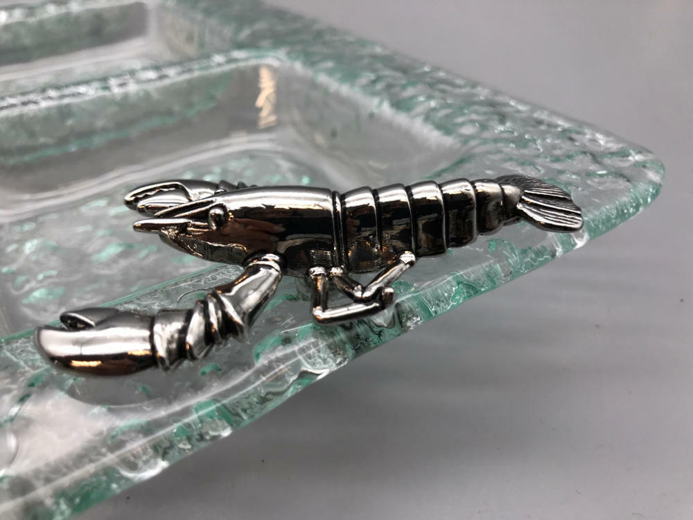 3 Section Bubble Sea Glass Serving Tray with Silver Lobster - Green Hues