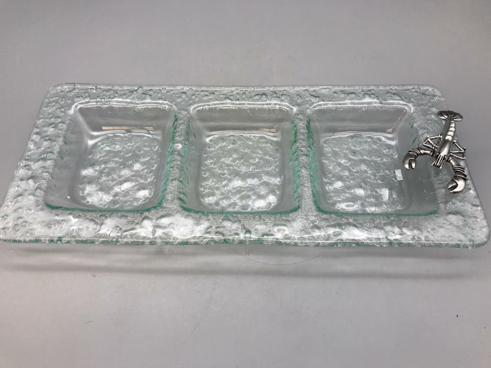 3 Section Bubble Sea Glass Serving Tray with Silver Lobster - Green Hues