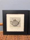 Pair of Cute Teapot and Teacup Drawings - Signed By Artist - Black Frames