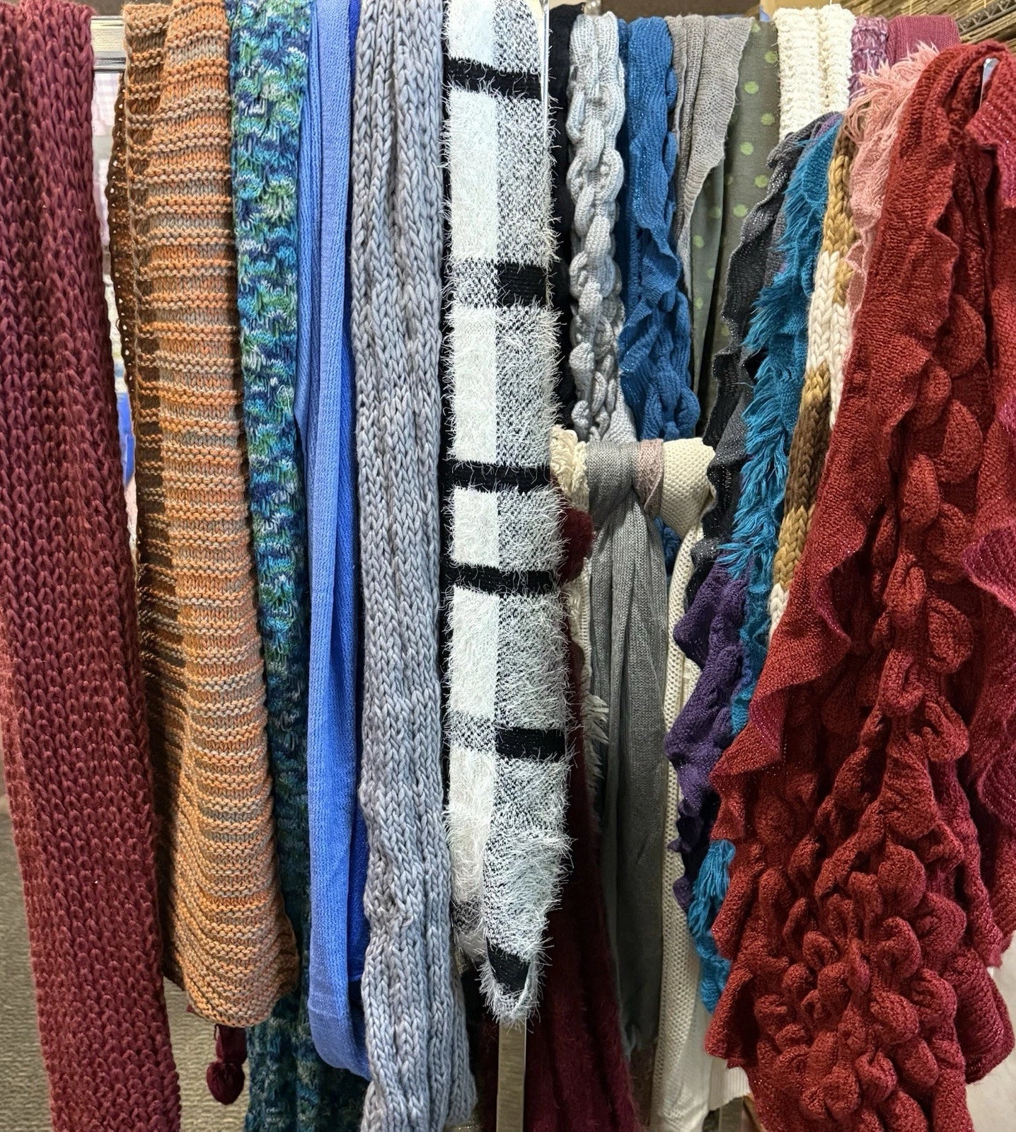 Lot of 25 NEW Winter Scarves Mixed Materials, Colors, & Sizes