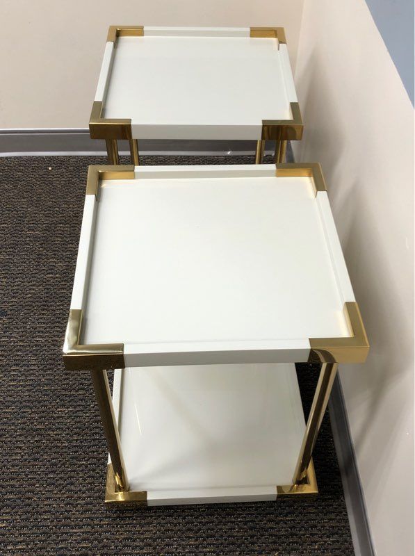 2 Modern Bernhardt Furniture Cream End Tables - Patinated Brass Base Finish