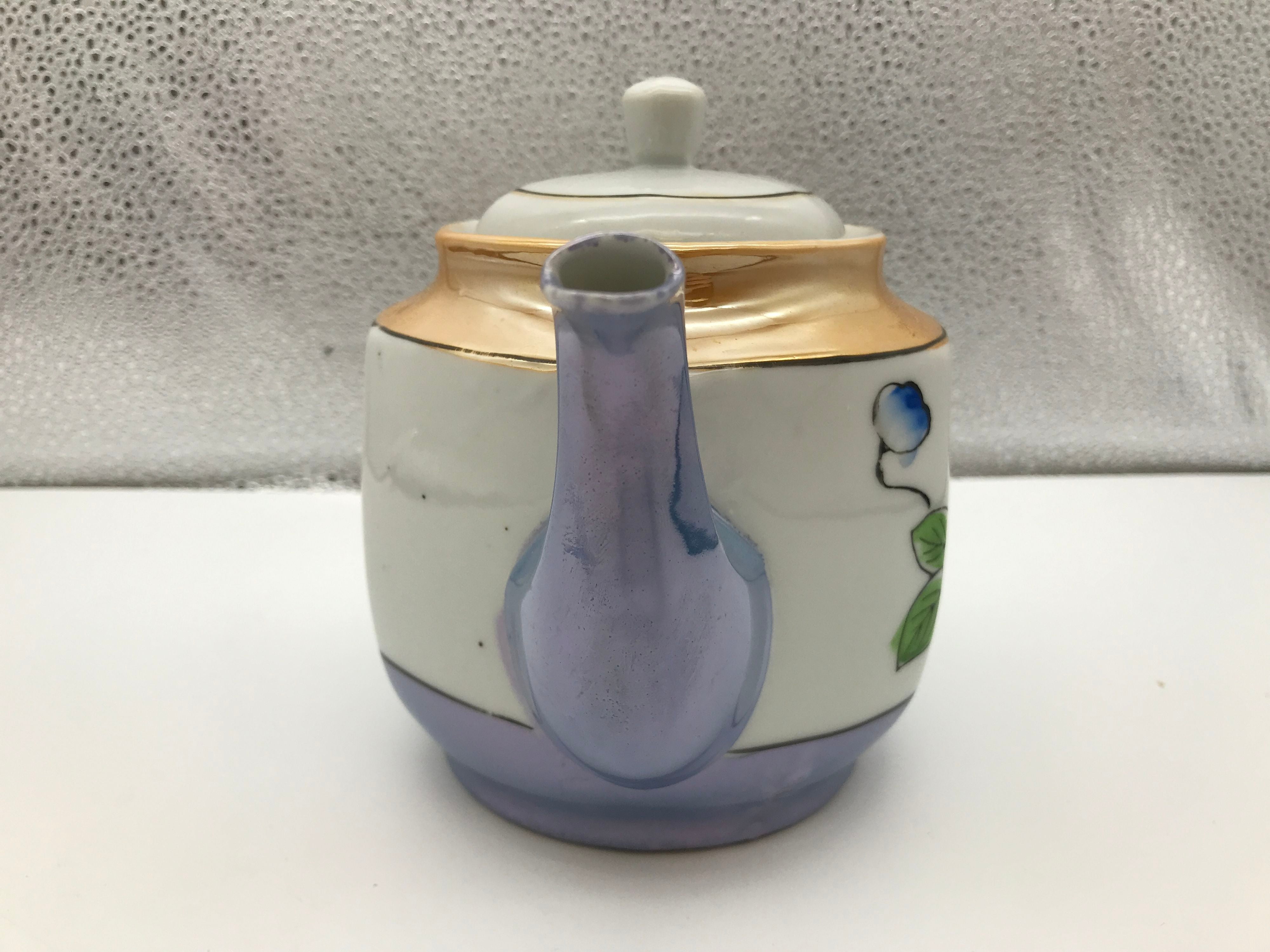 Powder Blue And White Floral Lusterware Teapot Marked Japan