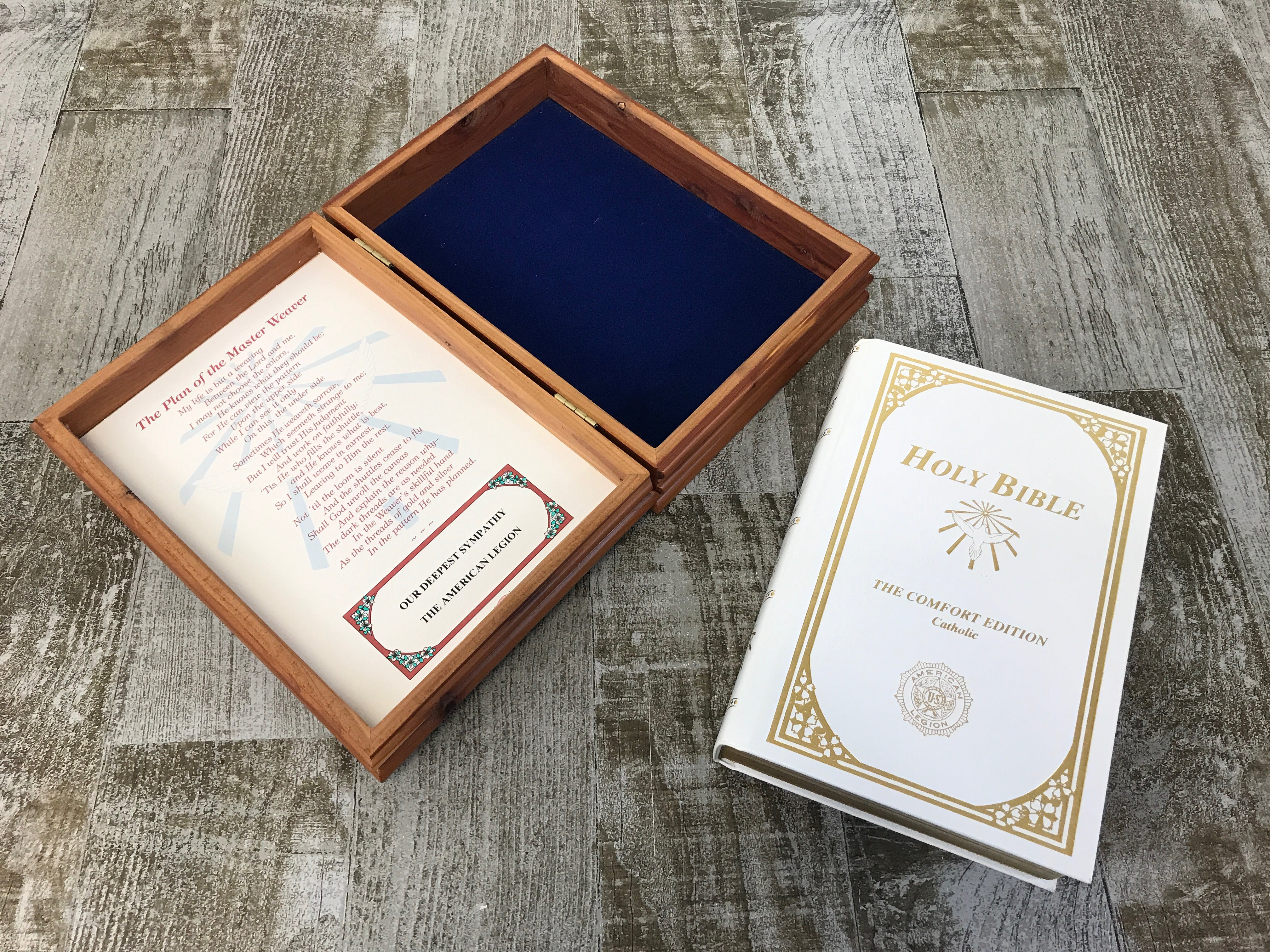 United Catholic White and Gold Comfort Bible In Wooden Sympathy Box