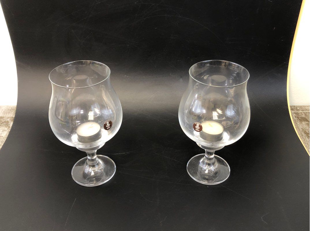 Savoir Faire Mouth Blown Crystal 8" Hurricane Lamp With Candles Set Of 2