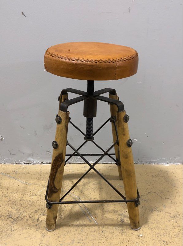 20th Century Vintage Brown Sable Leather Upholstered Stool - Metal Accents