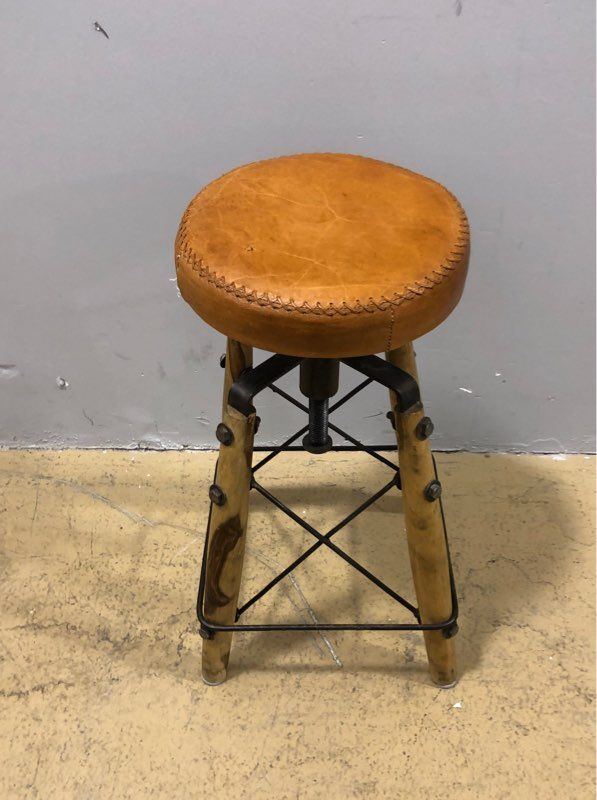 20th Century Vintage Brown Sable Leather Upholstered Stool - Metal Accents