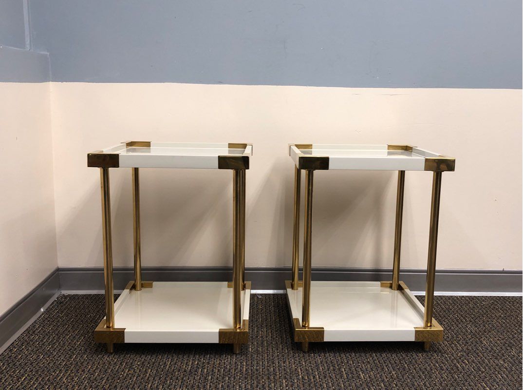 2 Modern Bernhardt Furniture Cream End Tables - Patinated Brass Base Finish