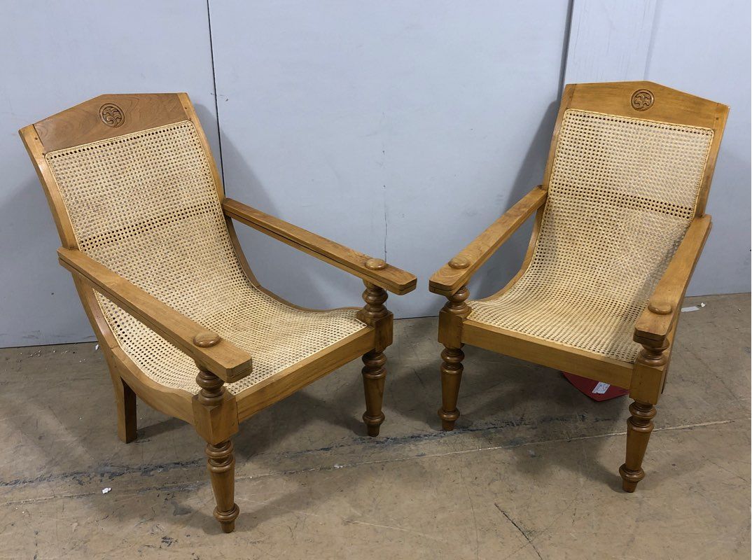 2 Vintage British Colonial Hardwood Sling Chairs - 19th Century