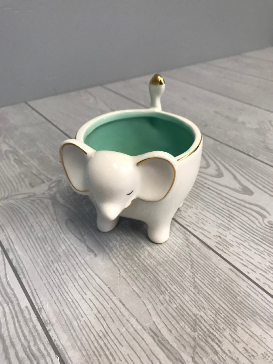 Modern Expressions Ceramic Gold Trimmed White And Green Elephant Trinket Cup