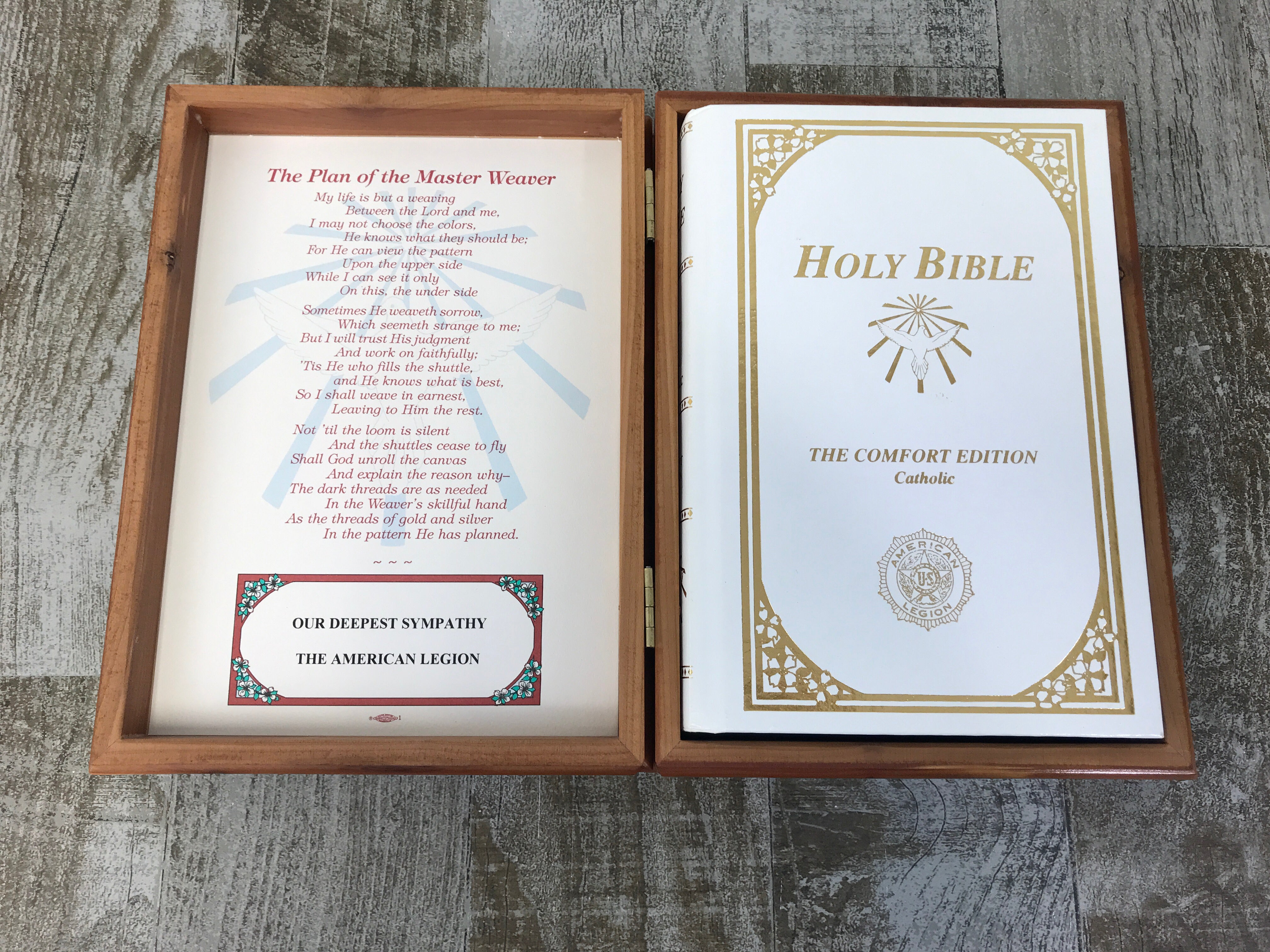 United Catholic White and Gold Comfort Bible In Wooden Sympathy Box