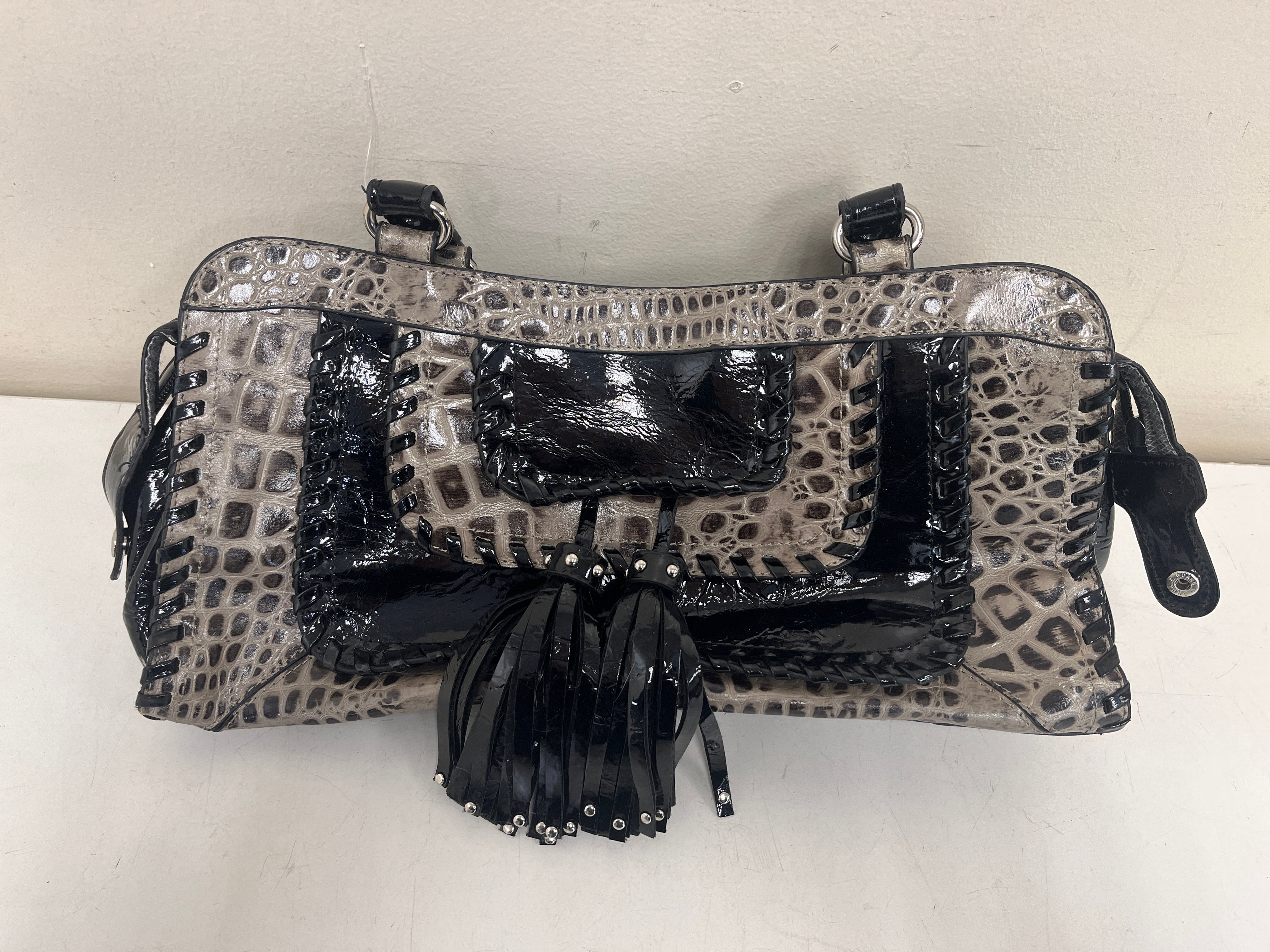 MC Handbags Women's Crocodile Pattern Satchel Purse - Beige and Black