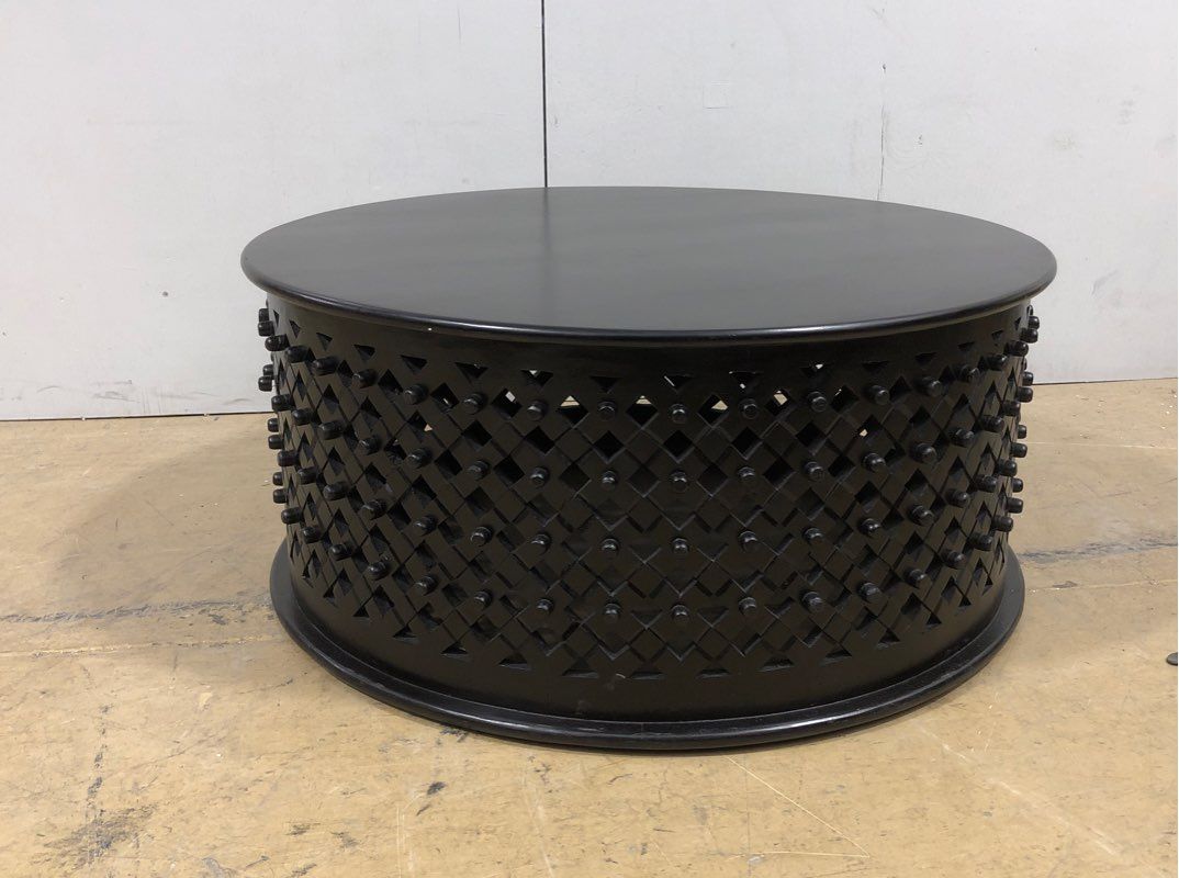 Ballard Designs Round Wooden Bornova Coffee Table - Rustic Black Finish