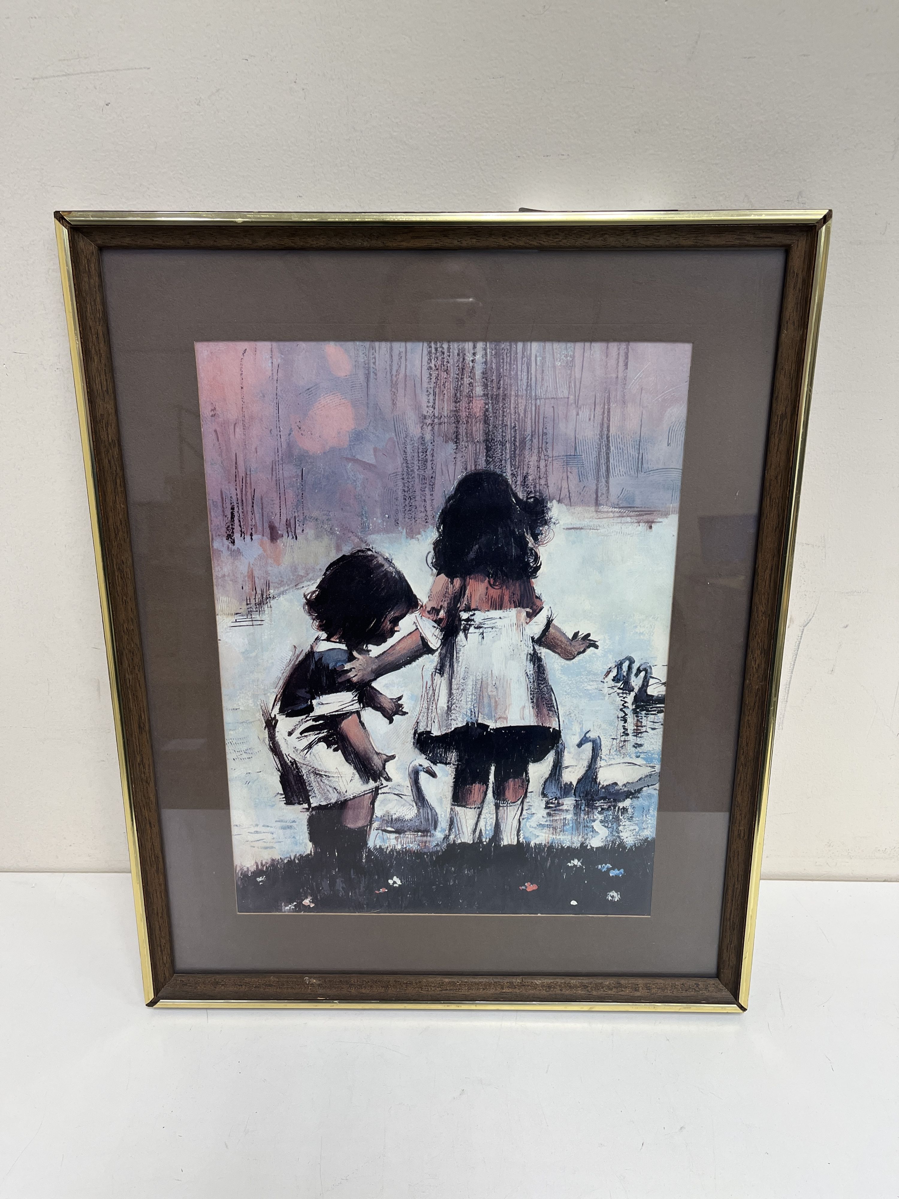 Children Admiring Swan Realism Art Print in Gold Plastic Frame